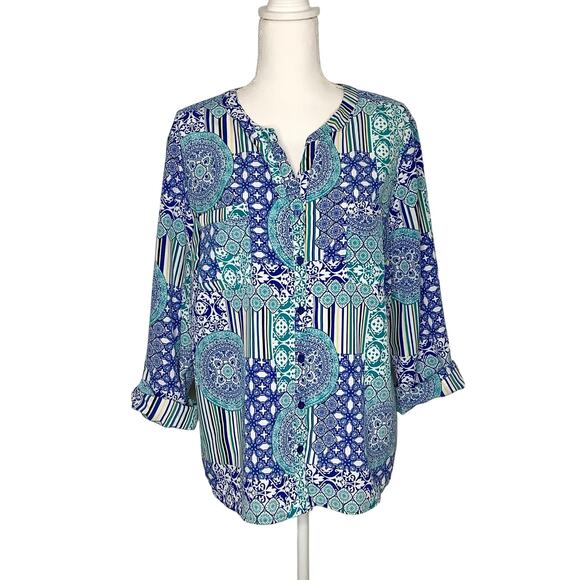 Kim Rogers Blouse Top Button Down Roll Tab Sleeves Blue Aqua Yellow White XL - Picture 1 of 6